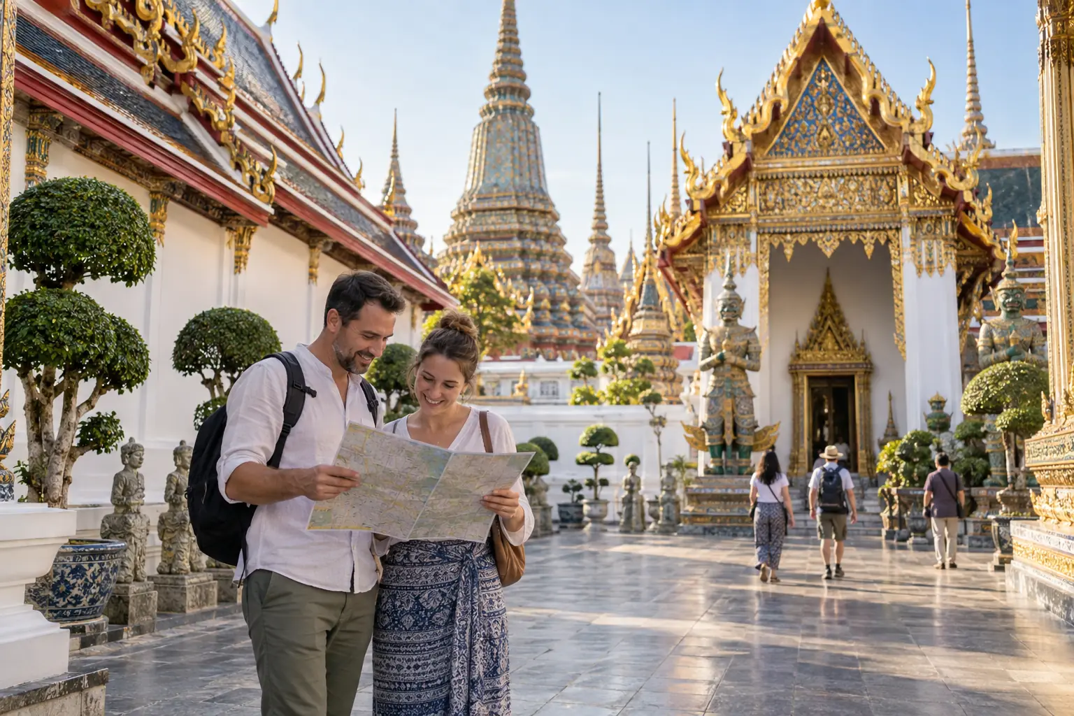 Adult tourists exploring Bangkok’s historic temple district in the morning