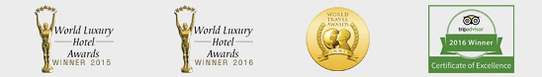 Chillax Resort award logos: World Luxury Hotel Awards 2015 and 2016, World Travel Awards, and Tripadvisor 2016 Certificate of Excellence