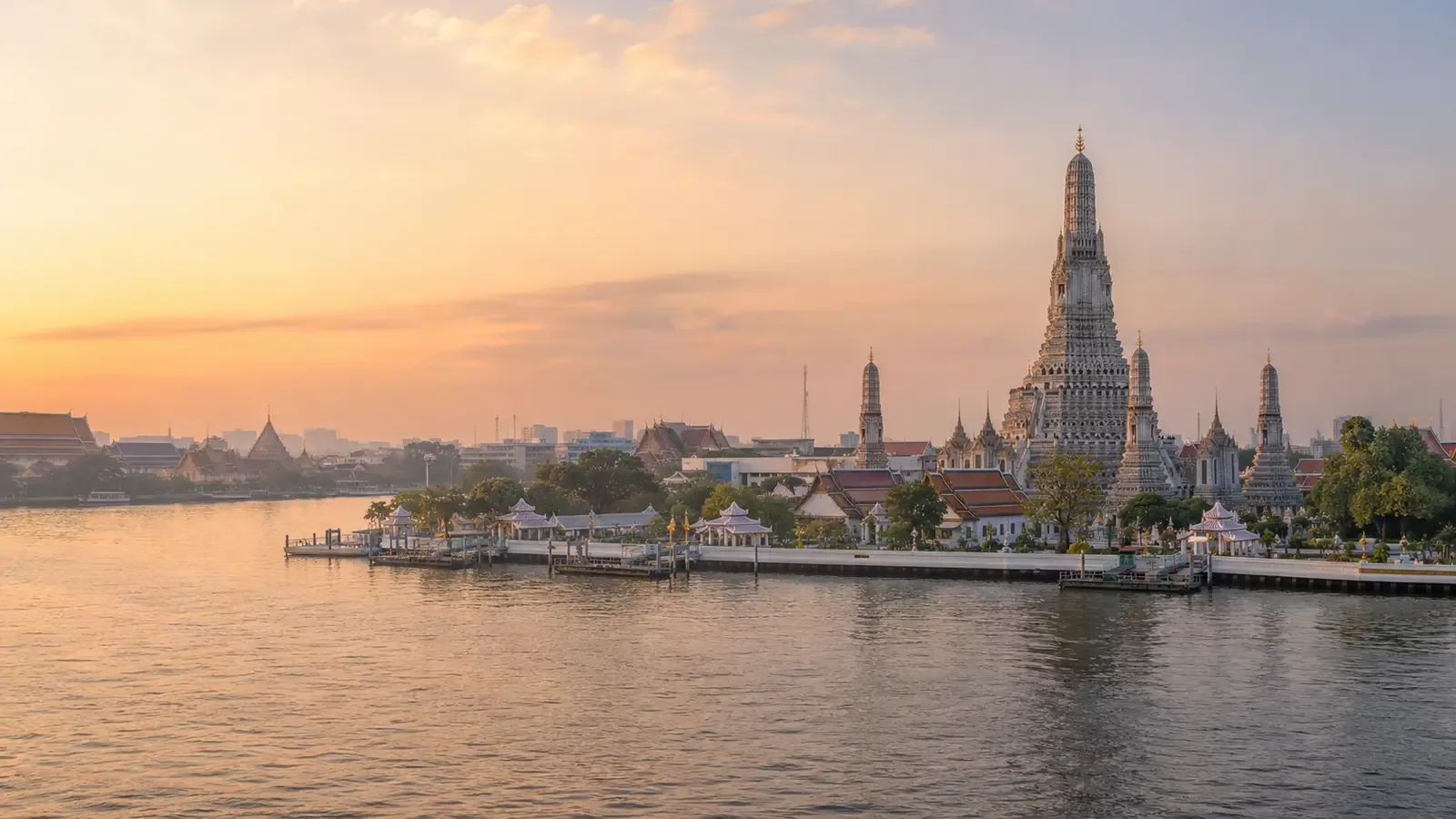 Photorealistic view of Wat Arun across the Chao Phraya River at dawn